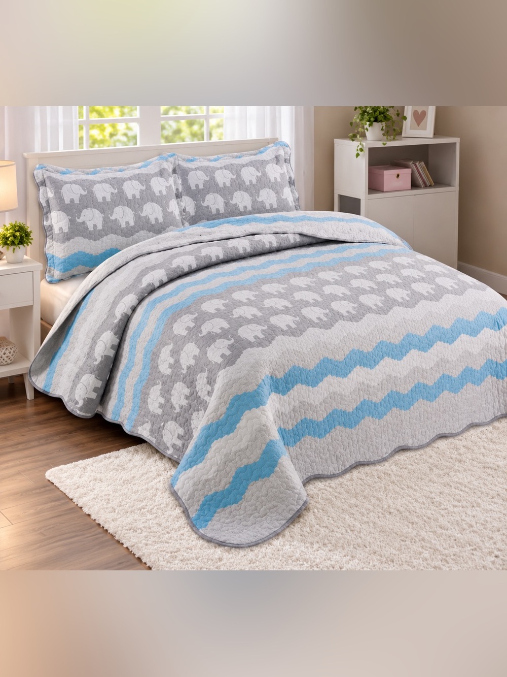 Gray & Light Blue Elephant Quilted Bedspread -